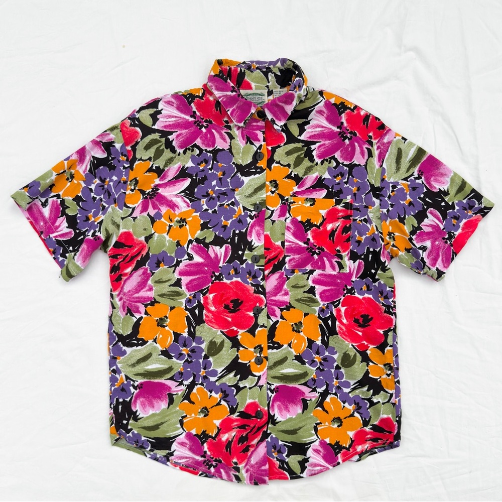 Vintage Separate Issue Bold Multicolor Floral Retro Artsy Button Front Shirt